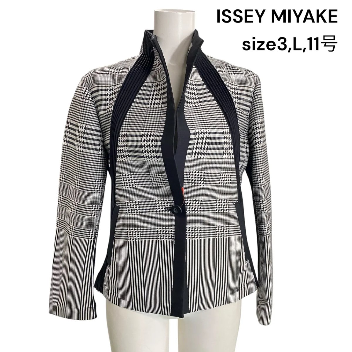 【中古】美品 イッセイミヤケ ISSEY MIYAKE 3、L、11号 ジャケット テーラード ウール 千鳥格子 レディース S5P304