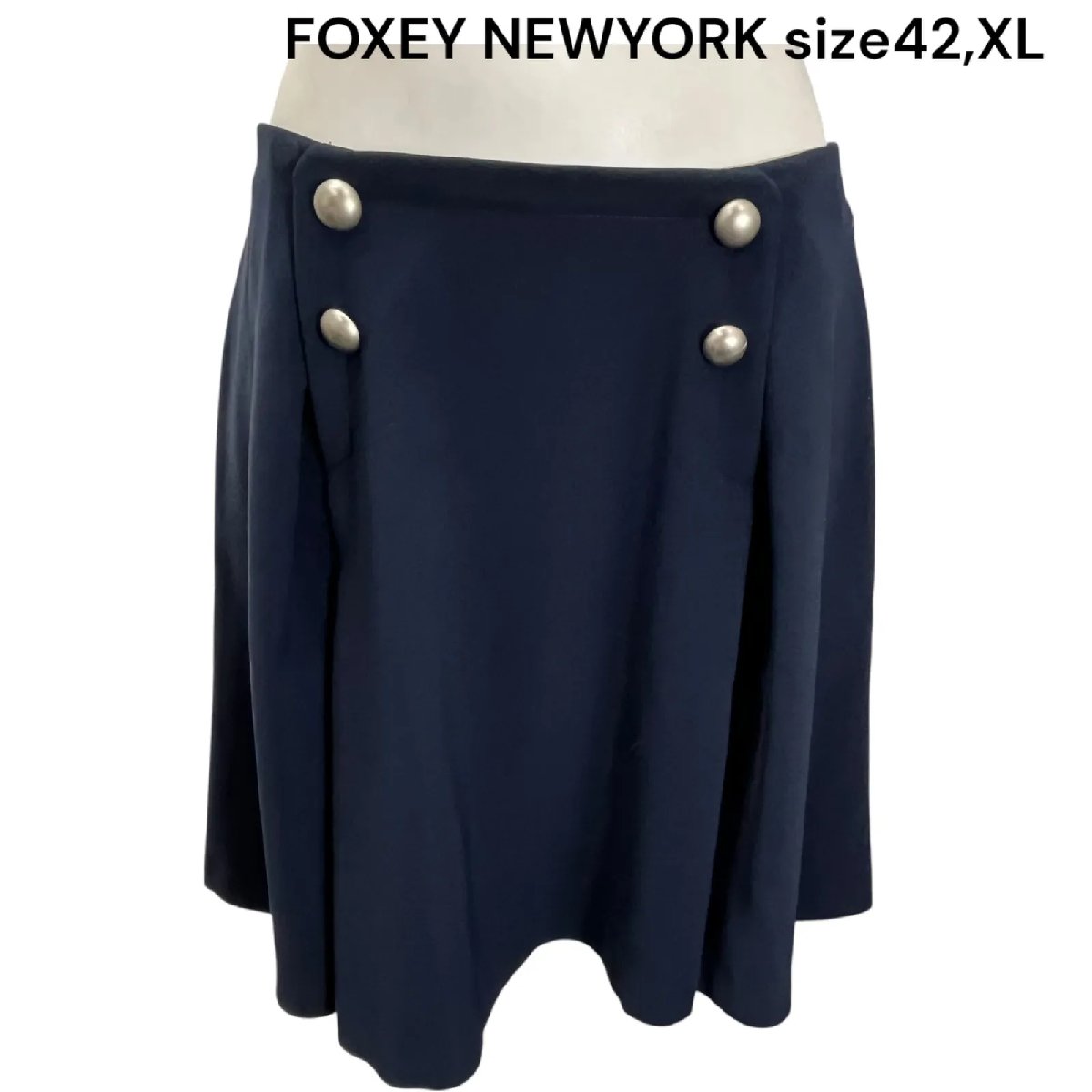 【中古】美品 フォクシー ニューヨーク FOXEY 上品可愛い濃紺 フレア スカート 42、XL レディース S5Q024