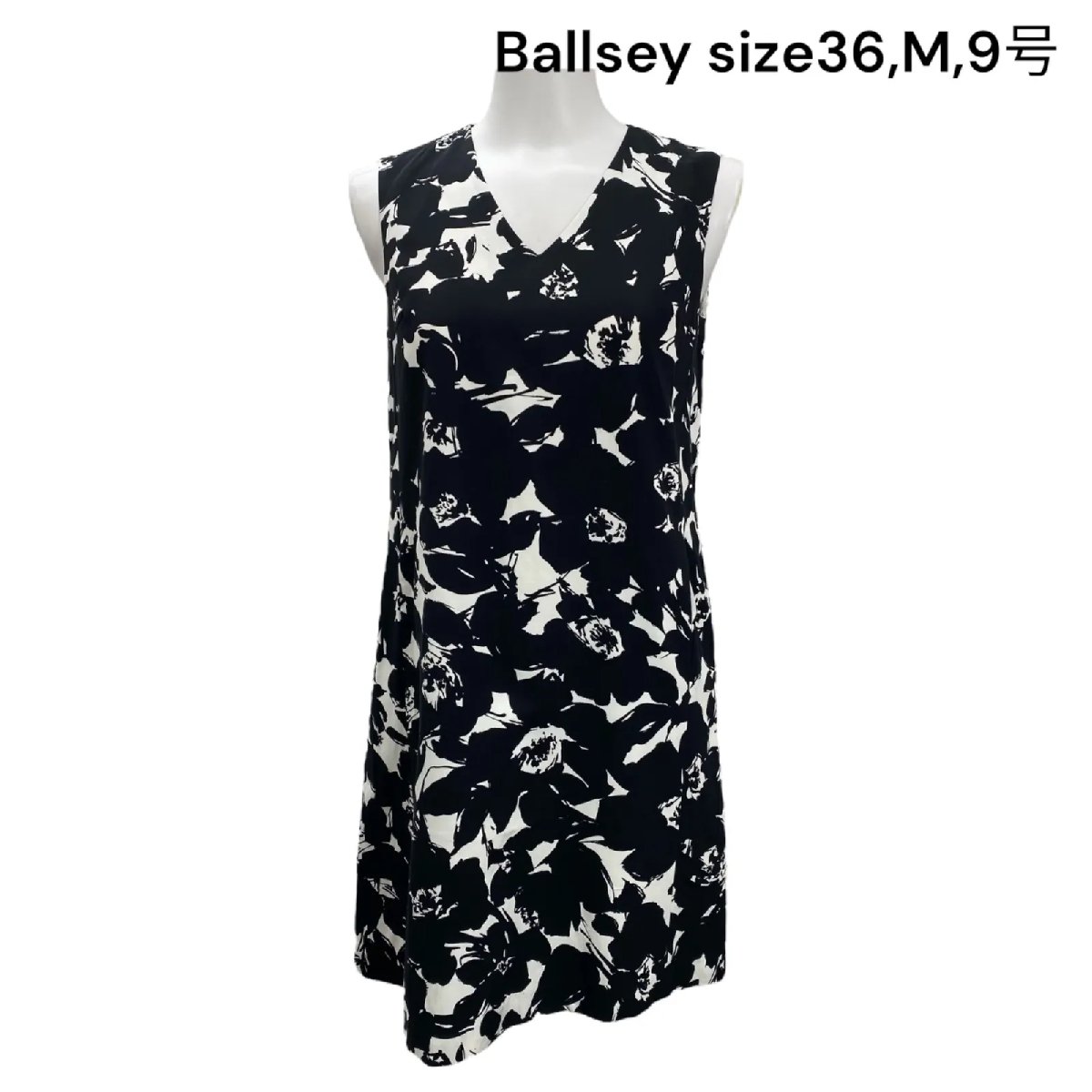 【中古】ボールジィ Ballsey ワンピース ノースリーブ 膝丈 Vネック 白黒 コットン 36,M,9号 レディース S5Q753