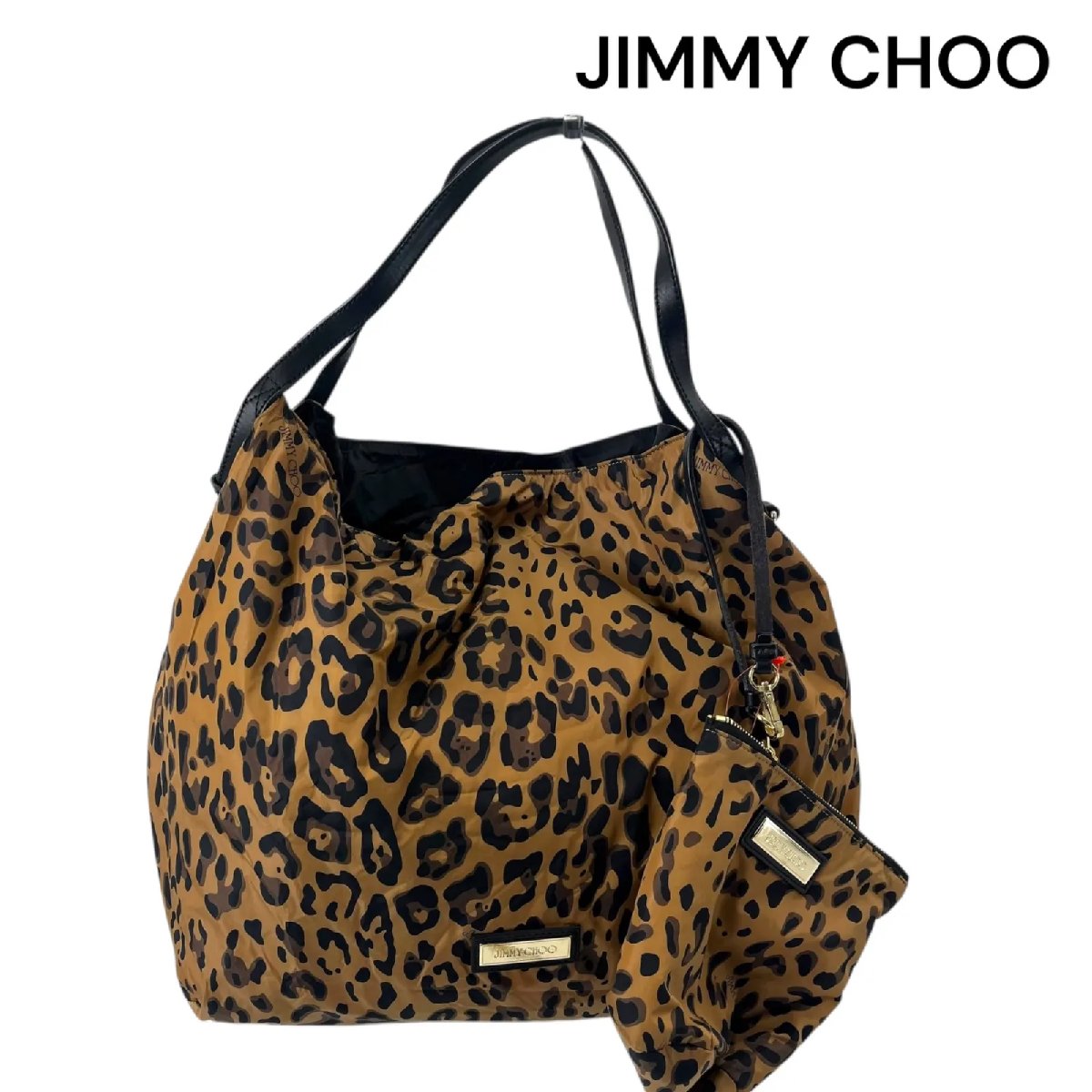 【中古】美品 ジミーチュウ JIMMY CHOO レオパード柄 ナイロン トート、空蝉ショルダーバッグ レディース S5R019
