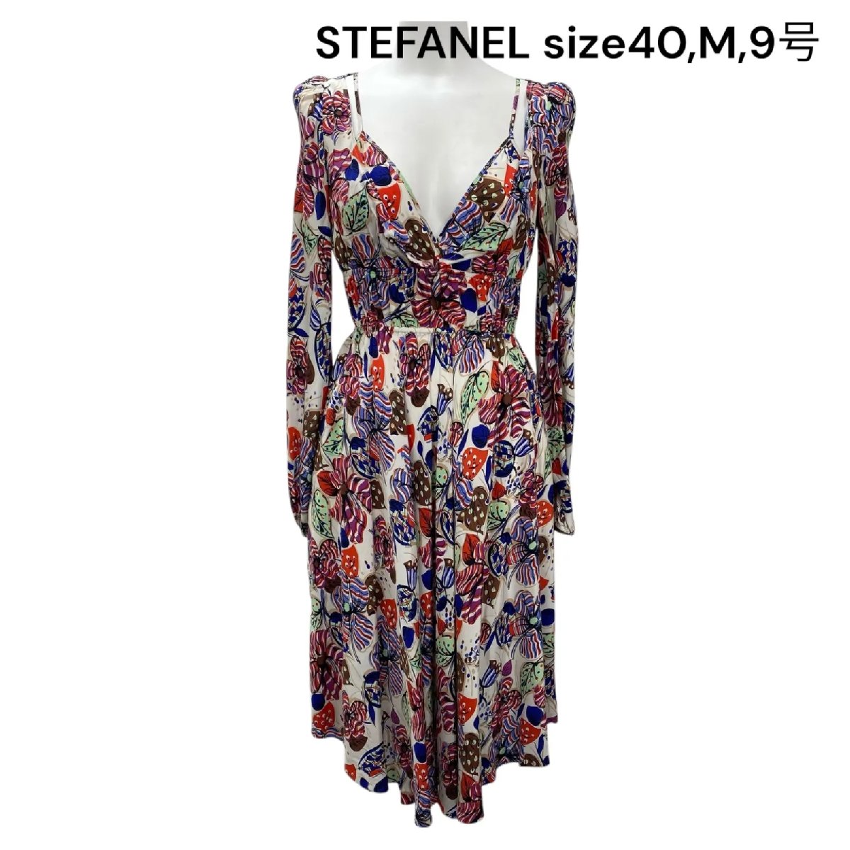 【中古】ステファネル STEFANEL 衣装 長袖 ロング 太陽フレア 花柄 絹地 繻子 40、M、9号 レディース S5S514