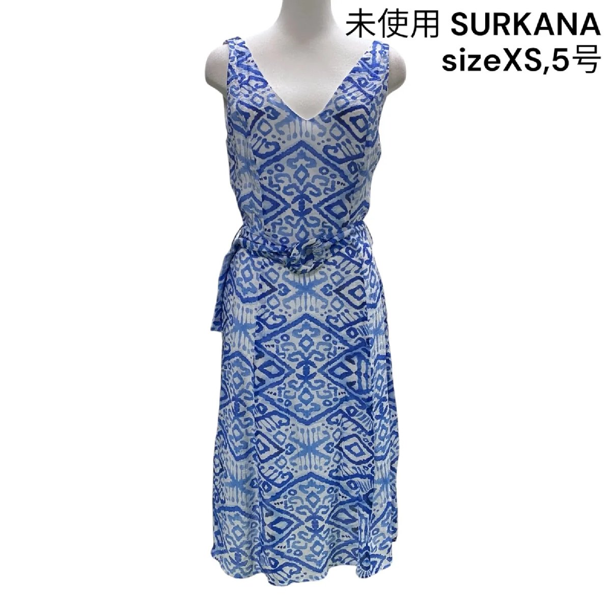 【中古】未使用 スルカナ SURKANA ワンピース ロング ノースリーブ 総柄 ブルー系 XS、5号 レディース S5S758