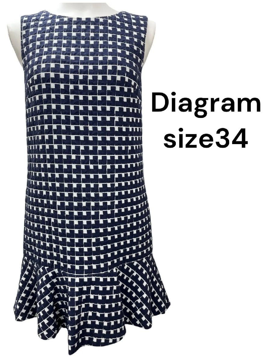 【中古】ダイアグラム Diagram ワンピース 膝丈 総柄 紺 ネイビー サイズ34 XS レディース S5T004