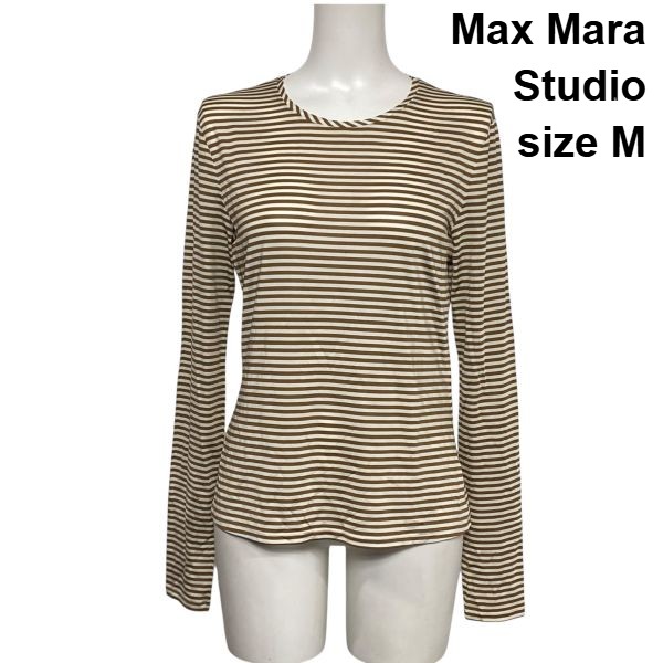 【中古】マックスマーラステュディオ Max Mara Studio 長袖カットソー クルーネック ボーダー柄 白 ホワイト ブラウン M 9号 レディース S6B449