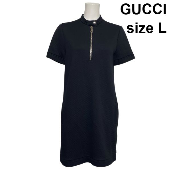 【中古】グッチ GUCCI ハーフジップキルティングワンピース シフトドレス 膝丈 半袖 スタンドカラー 黒 ブラック L 11号 レディース S6B429