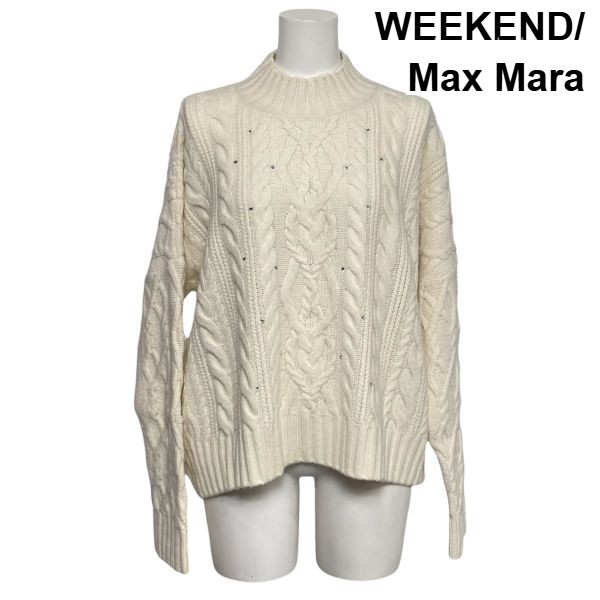 【中古】ウィークエンド WEEKEND LINE ハイネック ケーブルニット セーター 長袖 ビジュー プルオーバー L～XL 11～13号 レディース S6B336
