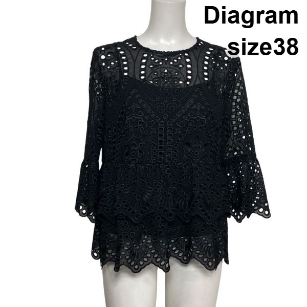 【中古】ダイアグラム Diagram ジョーゼットカットワークトップ ブラウス 五分袖 レース ティアード シアー 黒 38 M 9号 レディース S6A337|BRANKASTA 店