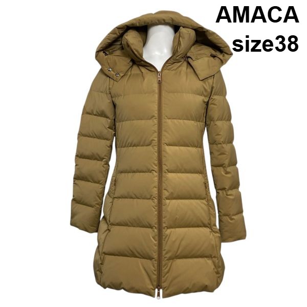 【中古】アマカ AMACA 落ち込む厚地の外套 落ち込む上衣 ロング丈 長袖 ボンネット A伝達ルート 駱駝 羽毛 38 M 9号 レディース S6A346