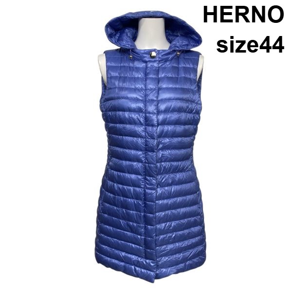 【中古】地獄ノ HERNO ロングダウンベスト ジレ ノースリーブ ボンネット付き添い人 ダブルジップ 青色系 鳥毛 44 XS～S 5～7号 レディース S6A390