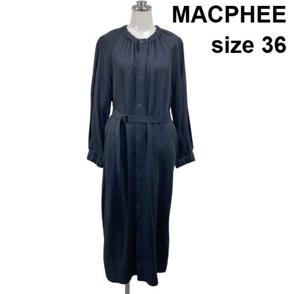 【中古】マカフィー MACPHEE ロングシャツワンピース ミモレ丈 ギャザー 長袖 胴締め取外不可  濃灰色黒 麻 36 S 7号 レディース S6B022