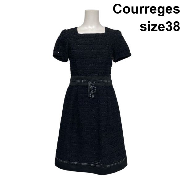 【中古】クレージュ Courreges ツイード風ワンピース 半袖 膝丈 Aライン スクエアネック 黒 ブラック コットン混 38 M 9号 レディース S6A475|BRANKASTA 店