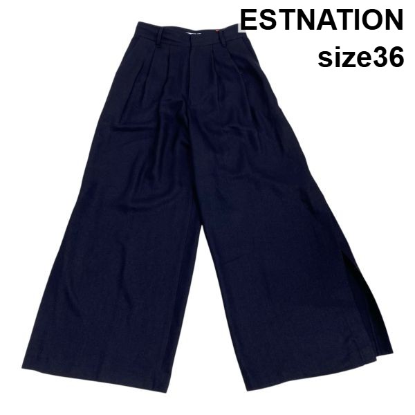 【中古】エストネーション ESTNATION ワイドパンツ スラックス 裾スリット フロントタック ダークネイビー 36 S 7号 レディース S6B010|BRANKASTA 店
