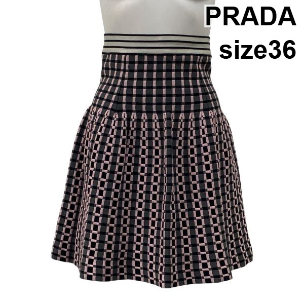 【中古】プラダ PRADA フレアスカート 膝丈 ブロックチェック柄 ハイウエスト ピンク グレー 綿混 36 XS～S 5～7号 レディース S6A488