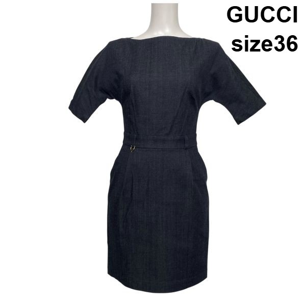 【中古】グッチ GUCCI デニムワンピース ひざ丈 半袖 ボートネック 金具装飾 ダークネイビー コットン混 36 XS～S 5～7号 レディース S6B003｜BRANKASTA 店