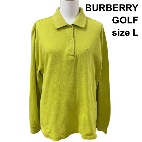 【中古】バーバリーゴルフ BURBERRY GOLF ポロシャツ 長袖 ポロカラー 襟裏チェック柄 ロゴ刺繍 イエロー系 綿100％ 11号 L レディース Z6B005