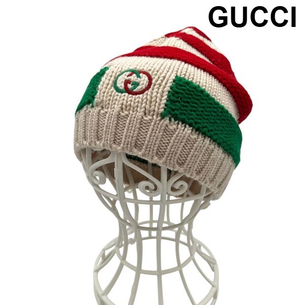 【中古】グッチ GUCCI ウールニット帽 GGマーク インターロッキングG ストライプ シェリーライン 緑 赤 ベージュ ウール ユニセックス 6V128