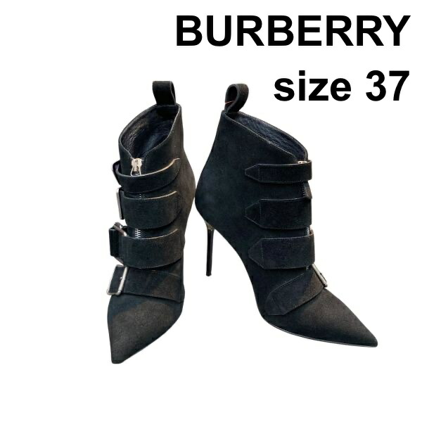 【中古】赤ちょうちんバリー BURBERRY アンクルブーツ Milner スエードクロス 靴 黒 本革・写実的なめし革 37 23.5珊 レディース Z6B585