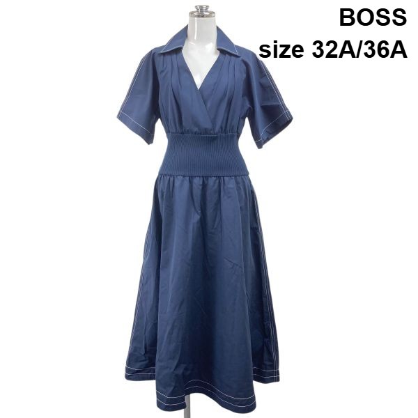 【中古】ボス BOSS シャツワンピース 半袖 Vネック ミディ丈 シャーリング ネイビー コットン100％ 32A/36A S～M ７号-９号 レディース S6B134｜BRANKASTA 店