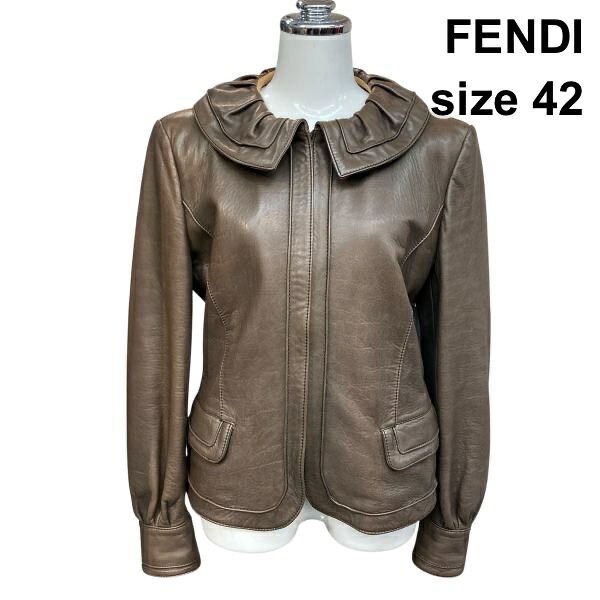 【中古】フェンディ FENDI ラムレザージャケット 長袖 ショート丈 ラッフルカラー フロントジッパー ブラウン 42 M-L 11号 レディース Z6B581