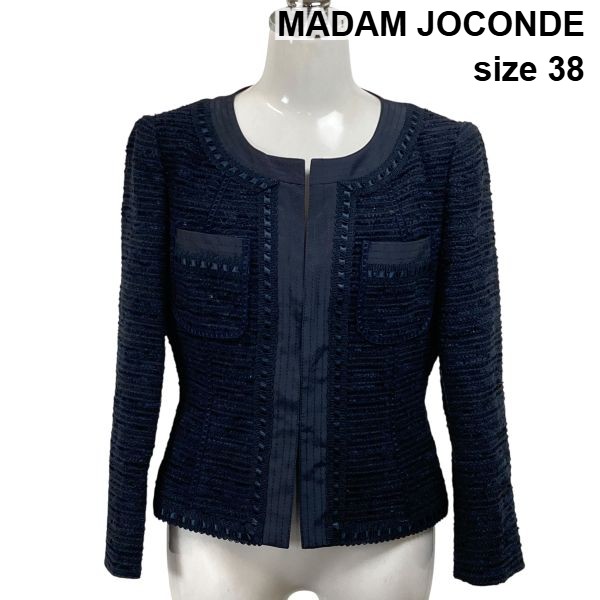 【中古】マダムジョコンダ MADAM JOCONDE ファンシーツイードジャケット 長袖 ショート丈 リボン ラメ 紺 コットン 38 M 9号 レディース S6B070｜BRANKASTA 店