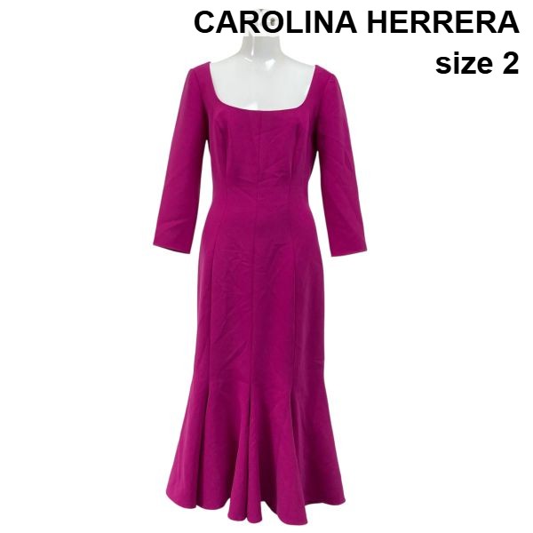 【中古】キャロリーナヘレラ CAROLINA HERRERA 人魚お召しもの 真四角のど首 七分袖 MIDI丈 太陽フレア  マゼンタ 2 S ７号 レディース S6B084
