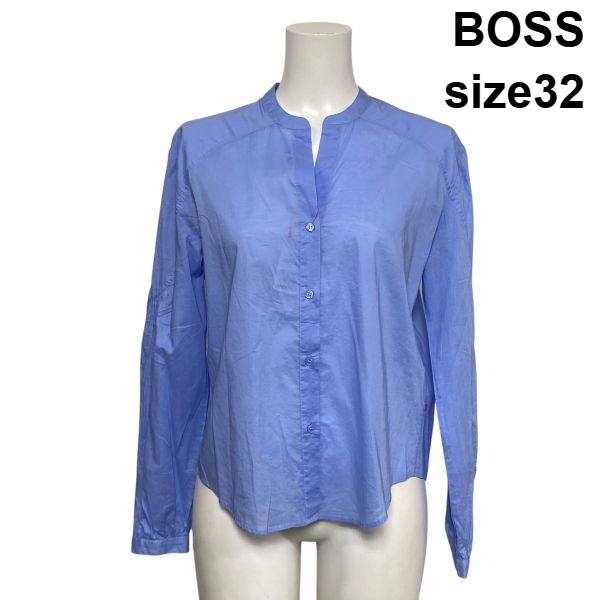 【中古】ボス BOSS スタンドカラーブラウス シャツ 長袖 リラックスフィット ギャザー ライトブルー コットン100％ 32 S 7号 レディース S6B310