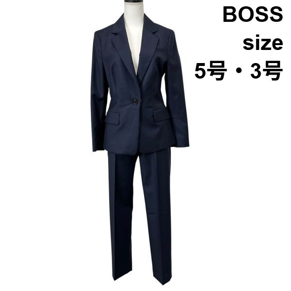 【中古】ボス BOSS パンツスーツ テーラードジャケット 長袖 シングルボタン チェック柄 ネイビー 黒 チェック柄 5号 3号 レディース S6B319｜BRANKASTA 店 12,687円