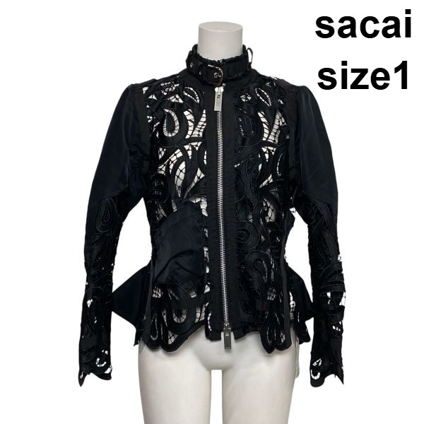 【中古】サカイ sacai レースドッキングジャケット 長袖 ダブルジップ ペプラム 照明ランプ色合い カクテルドレスルー 黒 1 M 9号 レディース S6B313