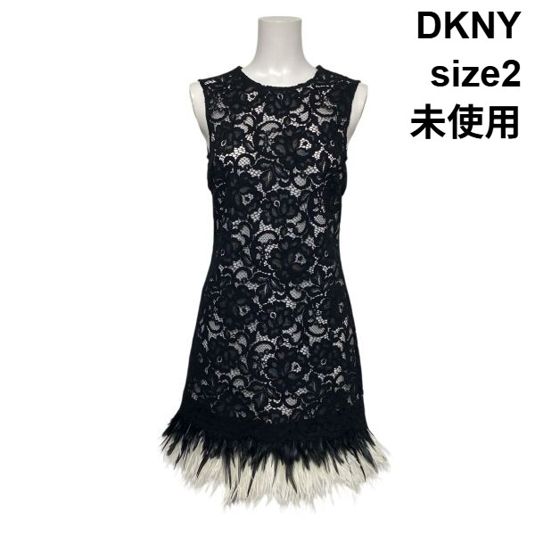 【中古】未使用 ダナキャランニューヨーク DKNY 総レースワンピース ドレス 膝丈 ノースリーブ 花柄 黒 綿 フェザー 2 S 7号 レディース S6B245