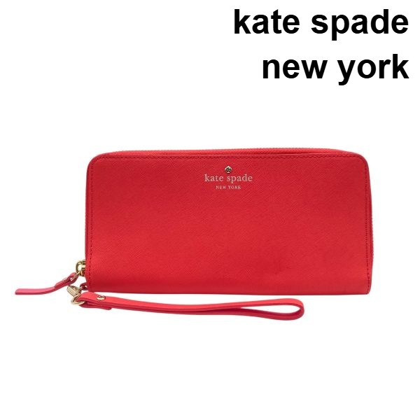 【中古】ケイトスペードニューヨーク kate spade new york 長財布 ロングウォレット ラウンドファスナー リストレット 赤 牛革 レディース 6D083