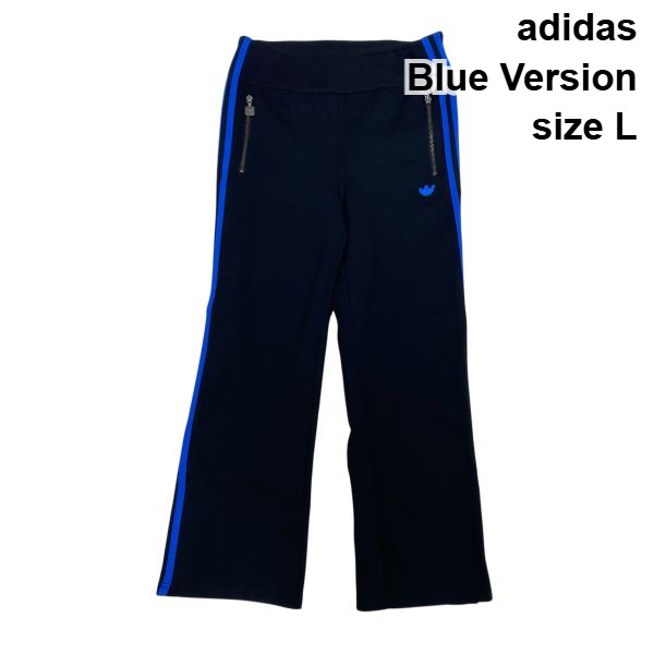 【中古】アディダス adidas 青色変わり種 貨物自動車ズボン下 ジャージパンツ 三本生産ライン トレフォイルロゴ 黒 青色 L 11号 レディース S6B273