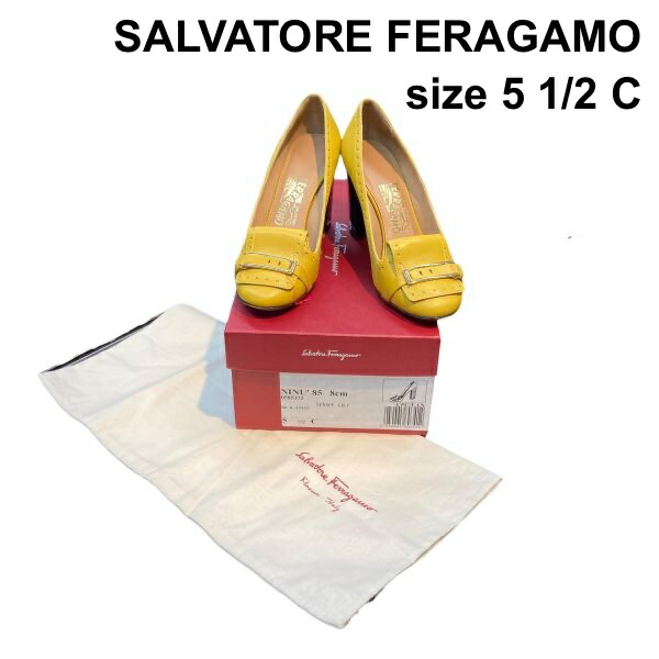 【中古】サルヴァトーレフェラガモ Ferragamo パンプス 靴 NINU\u002785 チャンキーヒール 黄味がかった 本革・即物的なめし革 5 1/2 22.5糎 レディース Z6B601