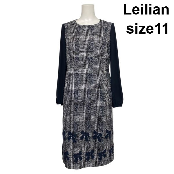 【中古】レリアン Leilian 切替ワンピース ロング丈 長袖 リボン柄 クルーネック グレンチェック 紺 シルク混 11 L 11号 レディース S6B492｜BRANKASTA 店