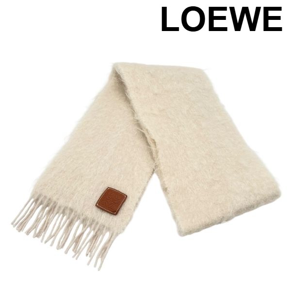 【中古】ロエベ LOEWE マフラー スカーフ アナグラム ロゴパッチ 白 ウール、モヘア レディース 6V276