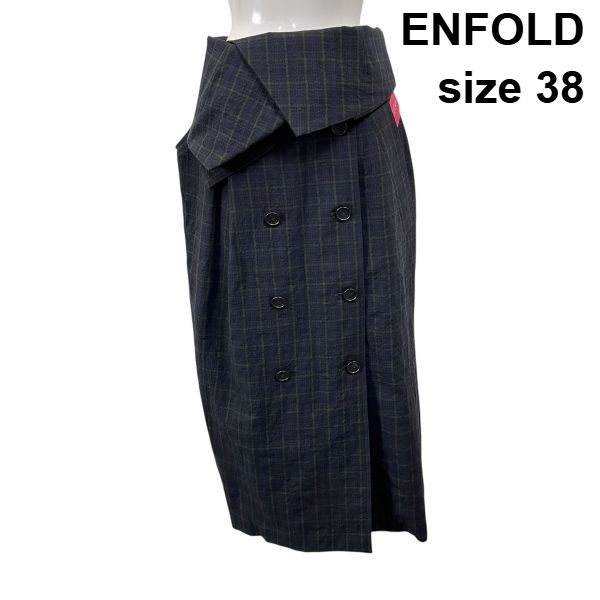 【中古】エンフォルド ENFOLD トレンチスカート ロング丈 タイト チェック柄 ネイビー系 ウール 38 M 9号 レディース S6C000
