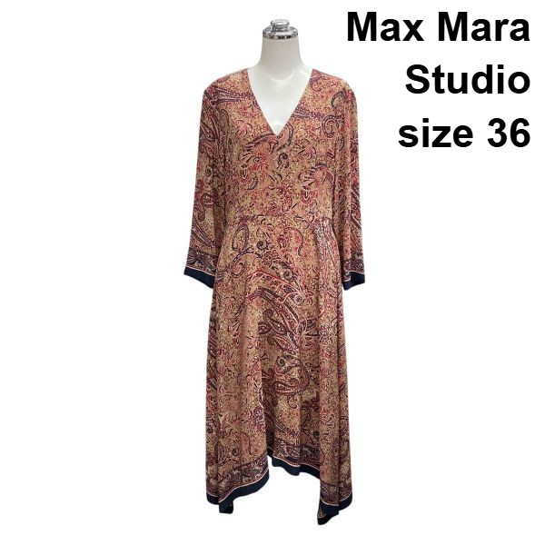 【中古】マックスマーラステュディオ Max Mara Studio ワンピース 膝丈 ベージュ 赤 ネイビー シルク 36 S~M レディース Z6B309|BRANKASTA 店