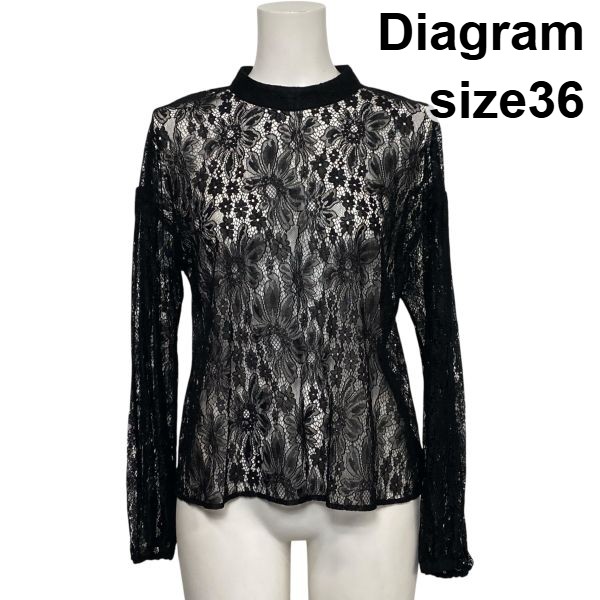 【中古】ダイアグラム Diagram ボタニカルレーストップ ブラウス 長袖 モックネック プルオーバー シースルー 黒 36 S 7号 レディース S6C035