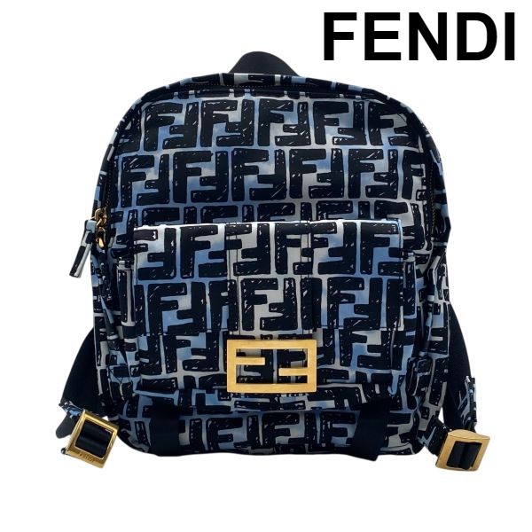 【中古】フェンディ FENDI バゲット うしろ側風呂敷き包み 背嚢 FF刷り上げる 共同研究細工物 手描き風モノグラム 黒 白 青色 レディース 6D119