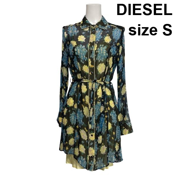 【中古】ディーゼル DIESEL フローラルプリントシャツワンピース ドレス 長袖 膝丈 シフォン シアー 花柄 黒 青 黄色 S 7号 レディース S6C112