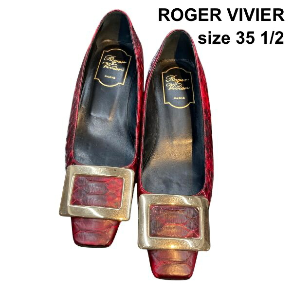 【中古】ロジェヴィヴィエ Roger Vivier パンプス ローヒール バックルデザイン 赤系 ゴールド パイソン 35 1/2 22.5cm～23cm レディース Z6B624｜BRANKASTA 店