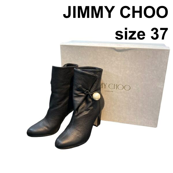 【中古】ジミーチュウ Jimmy Choo 遊撃手ブーツ 靴 BETHANIE ベサニーブロックヒール 黒 本革・即物的なめし革 37 24糎前後 レディース Z6B623