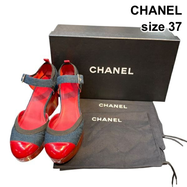 【中古】シャネル CHANEL サンダル 靴 ウエッジヒール バイカラー ストラップ ネイビー 赤 黒 デニム他 37 23.5cm前後 レディース Z6B622