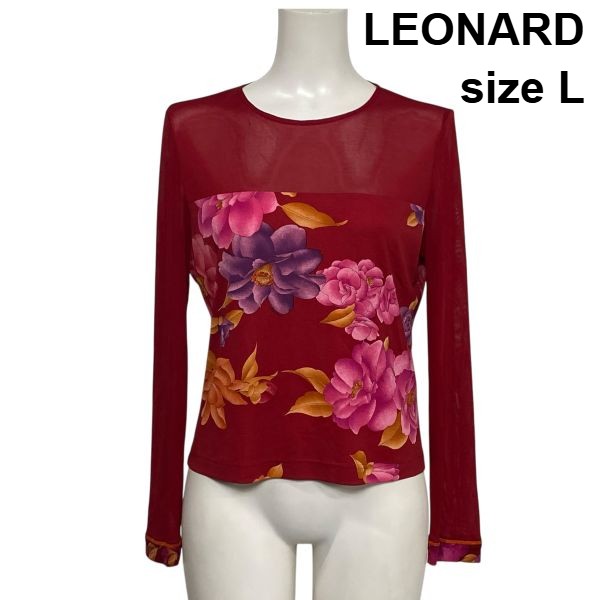 【中古】レオナール LEONARD 長袖カットソー 花柄 シアー うつり変わりトップス ティーシャツ メッシュ ボルドーワイン マルチ色つや L 11号 レディース S6C196