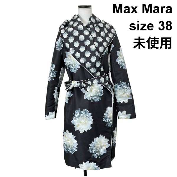 【中古】未当て嵌める Max Mara CITY リヴァーシブル ロング厚地の外套 長袖 開けっ広げ表現スタイル 名取り草刷り上げる 総柄 黒 38 M～L 9号～11号 レディース S6C204