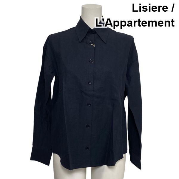 【中古】リジェール Lisiere L'Appartement 長袖シャツ ブラウス レギュラーカラー 無地 ネイビー 麻100％ M～L 9～11号 レディース S6C274