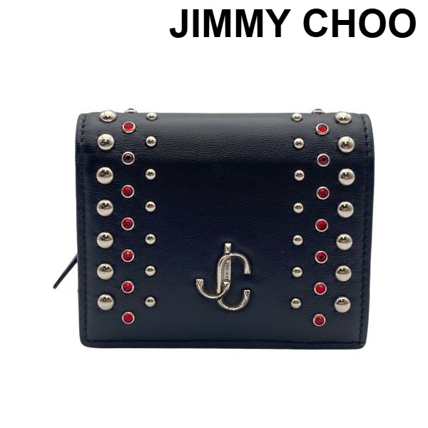 【中古】ジミーチュウ JIMMY CHOO ハンネ HANNE 二つ折り財布 コンパクトウォレット JCロゴ スタッズ ビジュー 黒 レザー レディース 6D140