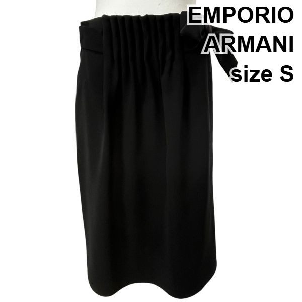 【中古】エンポリオアルマーニ EMPORIO ARMANI スカート ひざ丈 タイト リボン ギャザー 黒 01 S 7号 レディース S6C264