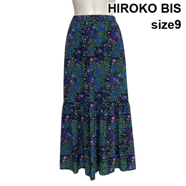 【中古】ヒロコビス HIROKO BIS 小花柄ティアードスカート ロング丈 フレアシルエット Aライン 黒 マルチカラー 9 M 9号 レディース S6C229|BRANKASTA 店