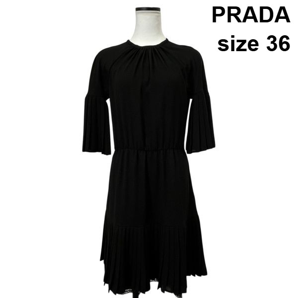 【中古】プラダ PRADA ワンピース ひざ丈 プリーツ 半袖 ギャザーネック 黒 36 S 7号 レディース S6C326