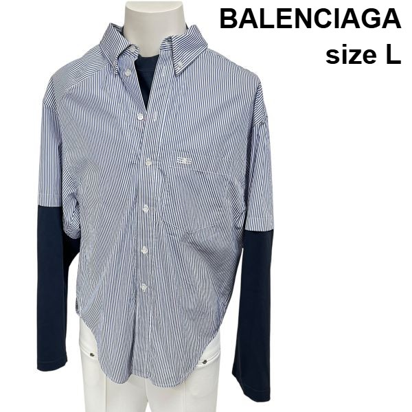【中古】バレンシアガ BALENCIAGA オープンカラーシャツ BB ICON TROMPE LOEIL トロンプルイユ だまし絵 白 ネイビー コットン L メンズ S6C308|BRANKASTA 店